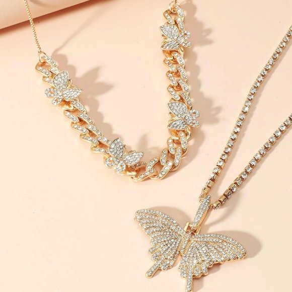 2 Piece Boho Womens Rhinestone Butterfly Charm Necklace - Picture 3 of 4